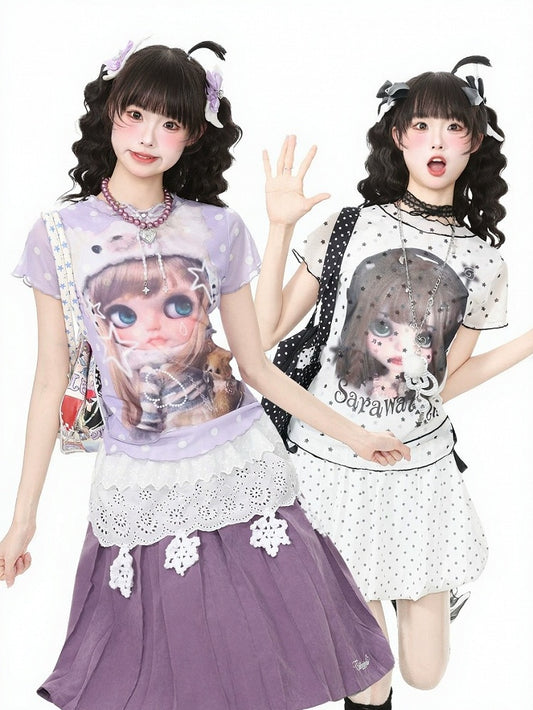 Purple Mesh Tee with Cartoon Girl & Polka Dot Motif - Languid Park