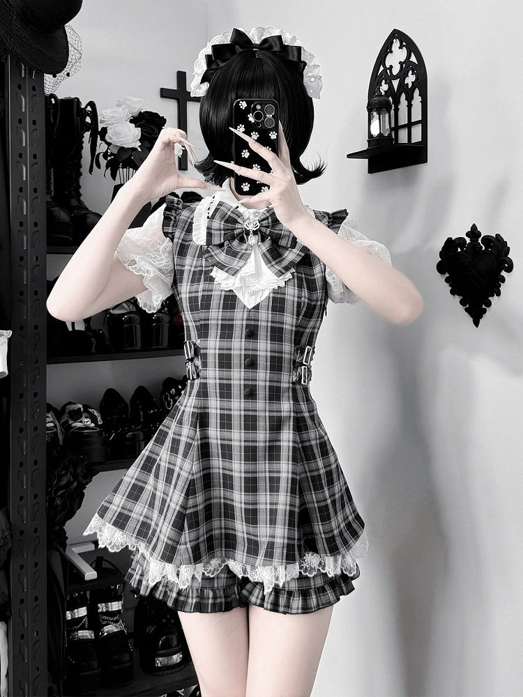 Jabot Black & White Jirai-Kei Plaid Short Sleeve Gown with Lace Bow Accents + Matching Shorts Set - Puzzles