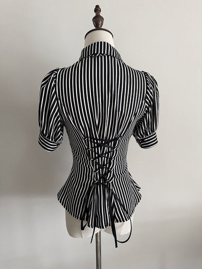 Black Striped Short Sleeve Gothic Lolita Blouse with Jabot - Flower Fairy Daily
