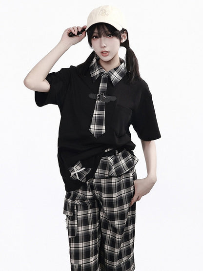 Preppy Plaid Shirt with Star Patches and Tie Details - PINK SAVIOR