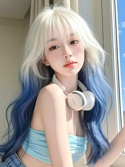 Platinum and Blonde with Ombre Blue Bangs Air Wig Wavy