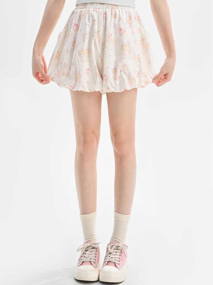 Beige elastische Bubble Shorts Print Allover Kitty Taille