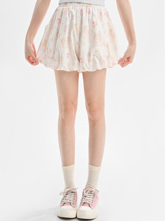 Beige elastische Bubble Shorts Print Allover Kitty Taille