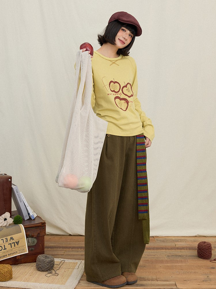 Yellow Print Long Sleeve Apple Kawaii Shirt