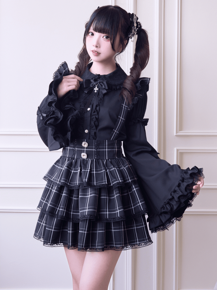 Black White Plaid Overalls with Detachable Straps - No Genki