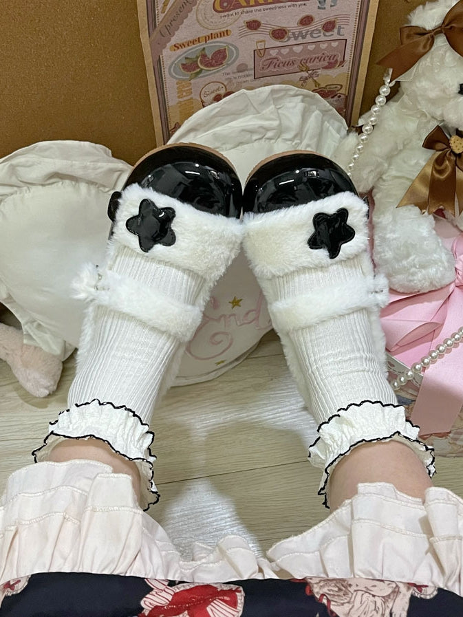 Fleece Decor Black Lining - Strap Star Sweet Plush Shoes Flat