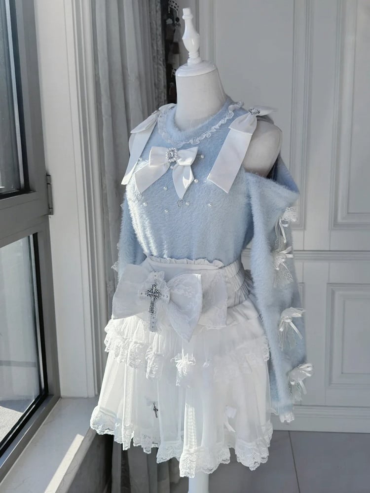 Light Blue Open Shoulder Jirai Kei Sweater - Lace Bow Sleeve with Delicate Beadwork