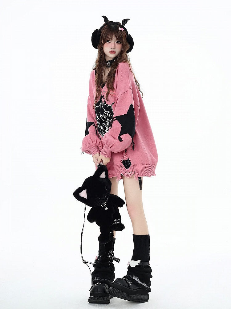 Web Spider Löcher Muster Pullover Saum Distressed Pink