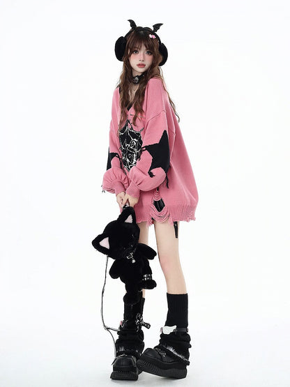 Web Spider Holes Pattern Sweater Hem Distressed Pink