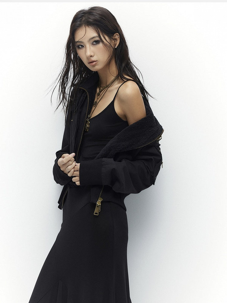 Cinching Waist Neck Lining Vintage Fleece - Jacket Black Mock