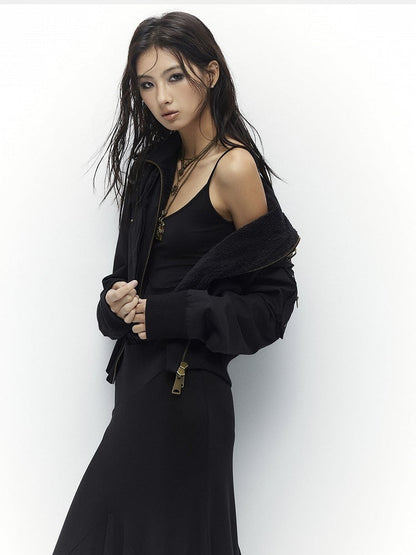 Jacket Cinching Black - Waist Neck Vintage Mock