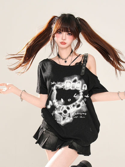 Semi-sheer Asymmetrical Neckline Buckle Strap T-Shirt Kitty Print Black/White/Gray
