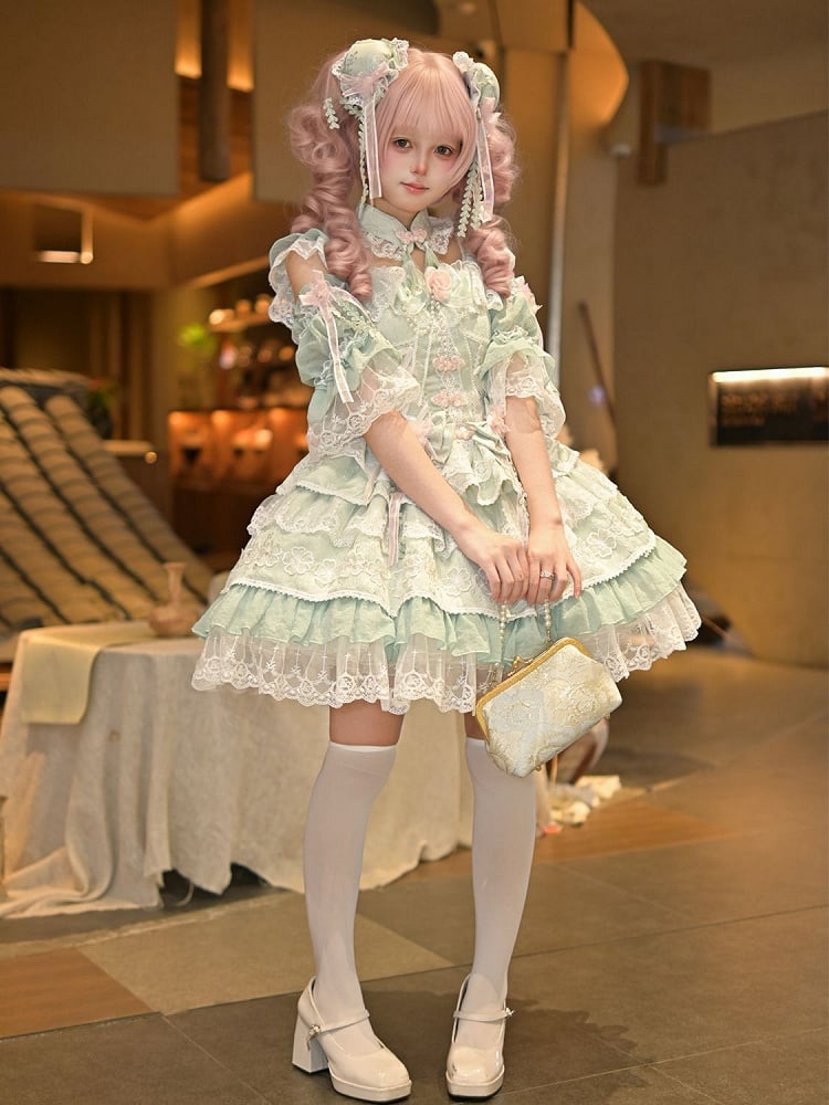 Frog Corset Chinoiserie Button Waist Layered Flower Bows Green Lolita with Dress