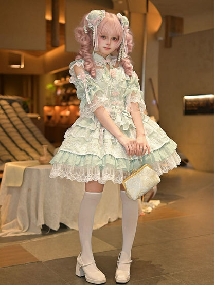 Frog Corset Chinoiserie Button Waist Layered Flower Bows Green Lolita with Dress