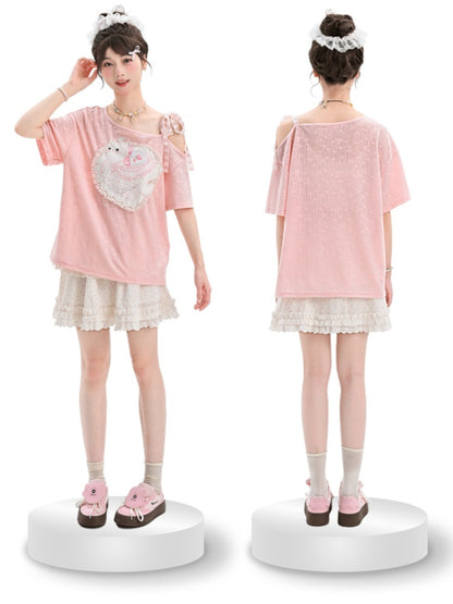 Sweet Cat Applique T-Shirt Pink Asymmetrical Neckline