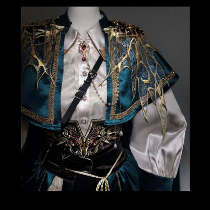 Peacock Green Chinoiserie Military Lolita Set - Shirt Cape Corset Belt Pants/Skirt - YING YUE