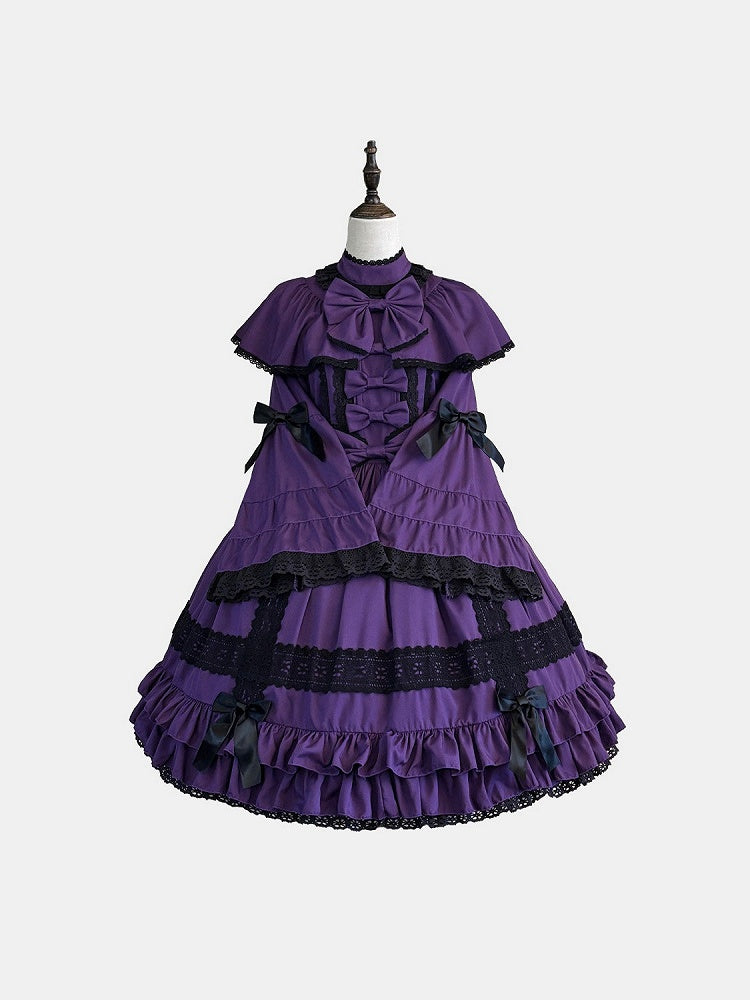 Gothic Lolita Bowknot A-line OP Dress in Black Purple with Bell Sleeves Ruffle Doll Style - NnSTAR