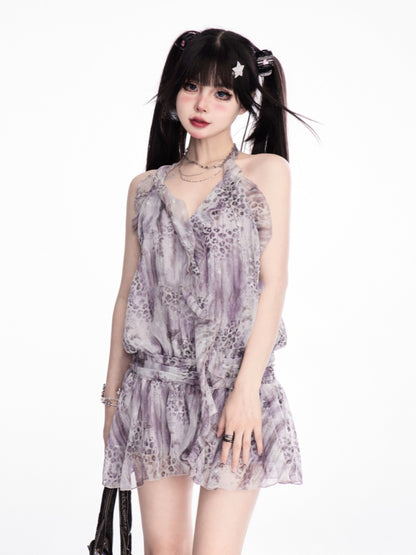Lavender Leopard Pattern Gyaru Fashion Cascading Ruffle Chiffon Halter Backless Dress
