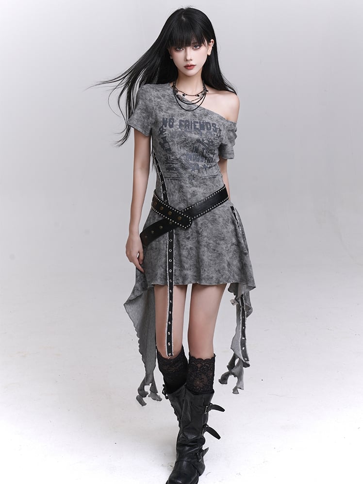 Belt Asymmetrical Neckline Cascading Ruffles Gray/Black Dress with Tie Dye Waist