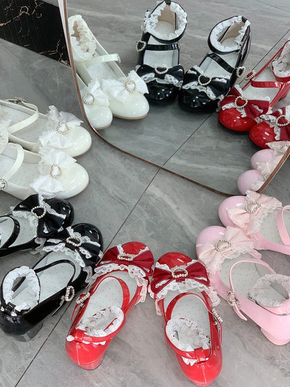 Decor Black Lolita with Heart Beaded Janes Mary Sweet Mid-heel Details Bow