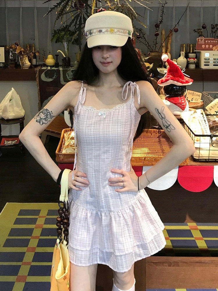 Summer Pink Plaid Cami Dress with Ruffle Details - 11shop97