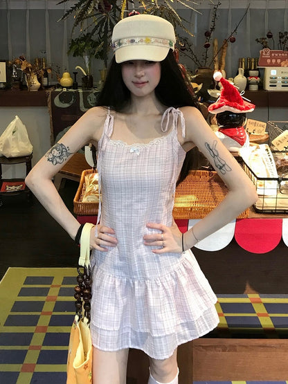 Summer Pink Plaid Cami Dress with Ruffle Details - 11shop97