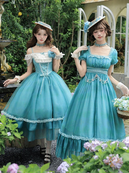 Ruffle Teal Lolita Dress with Chain, Choker & Hat Set - Classic - With PUJI