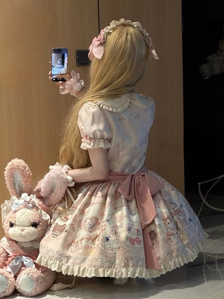 Puff Sleeve OP Dress with Pink Bunny Cake Print & Apron Style - Rose Weaving Poetry