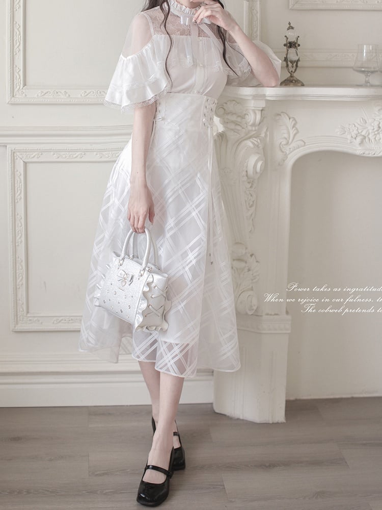 Innocent White Clean Cape Design Top Aesthetic Illusion Neckline and Trim Lace with