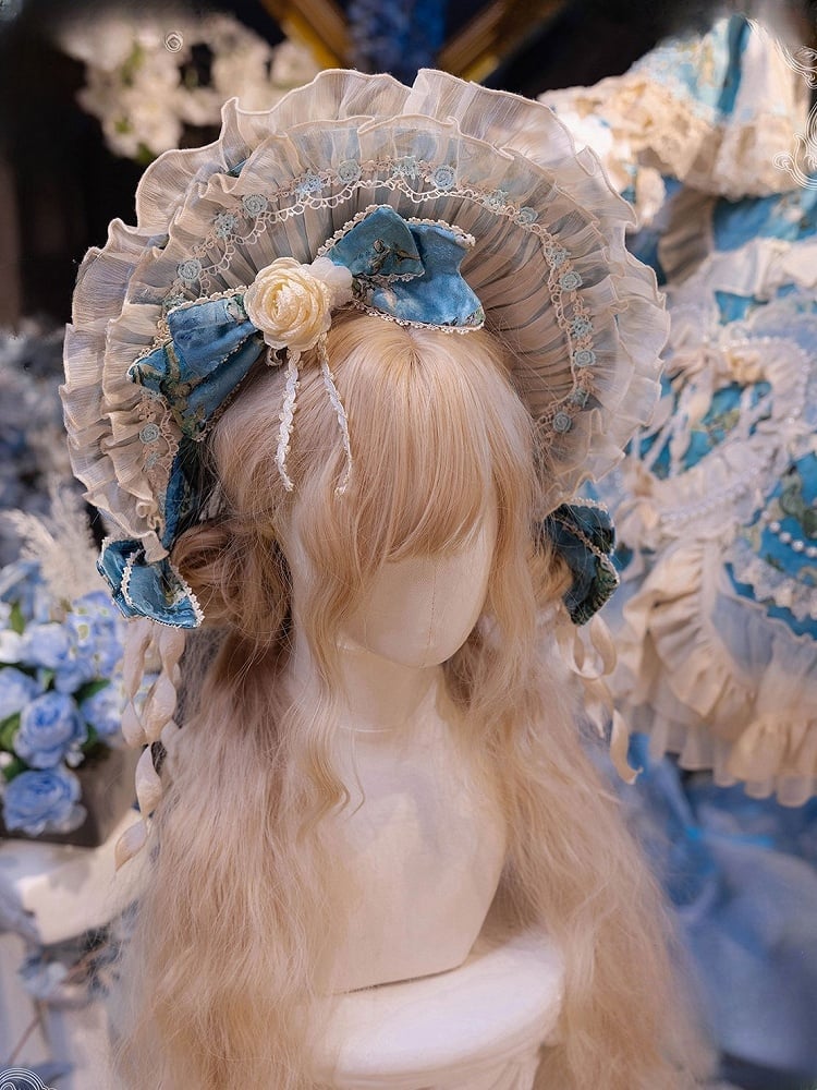 with Rose Blue Lolita Ruffled White Accents Bow and Bonnet