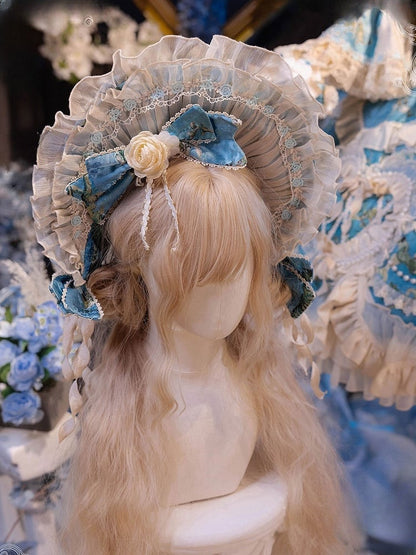 with Rose Blue Lolita Ruffled White Accents Bow and Bonnet