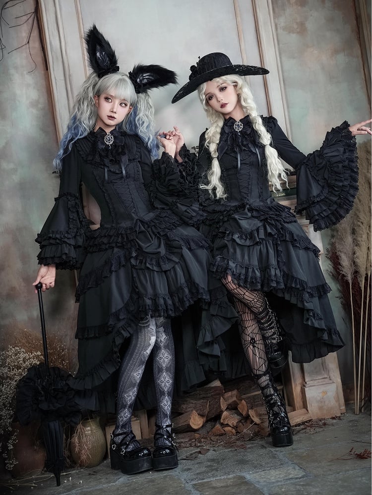 Layered Aristocrat Drawstring High-low Gothic Skirt Black Lolita