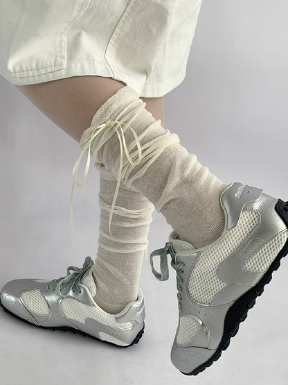 Socks Ribbon Calf Bow Decorated White/Gray/Pink Cream