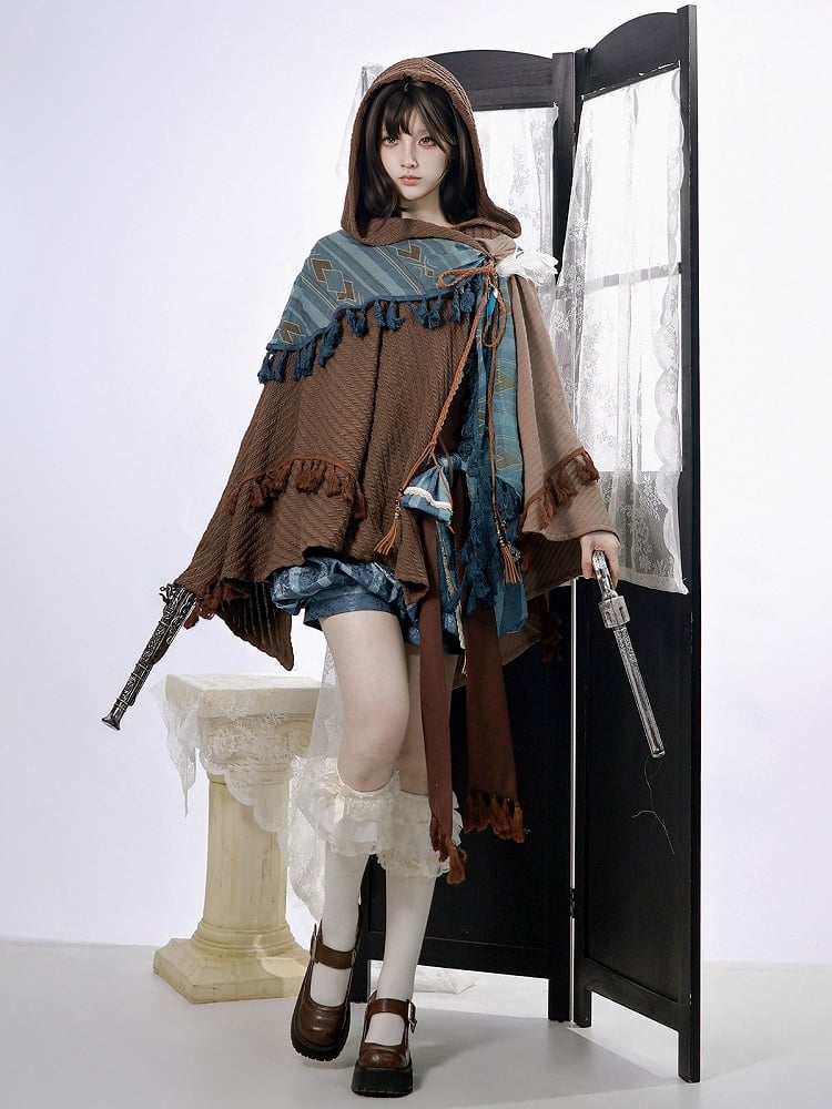 Brown & Blue Wasteland Style Asymmetrical Lolita Cape + Lace-Up Top + Striped Overall Shorts Set - Xiong Dou Jiang