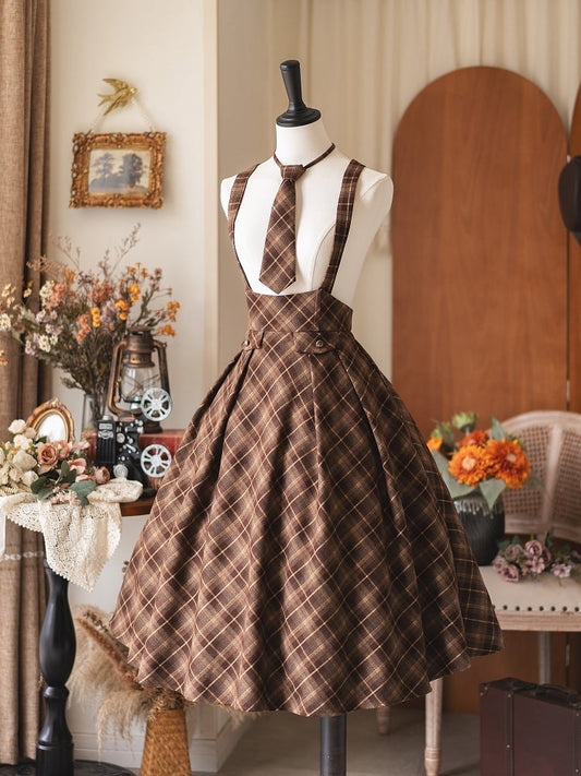 Style Vintage Brown Skirt Overall High Waist Tie Preppy with Plaid Tonal