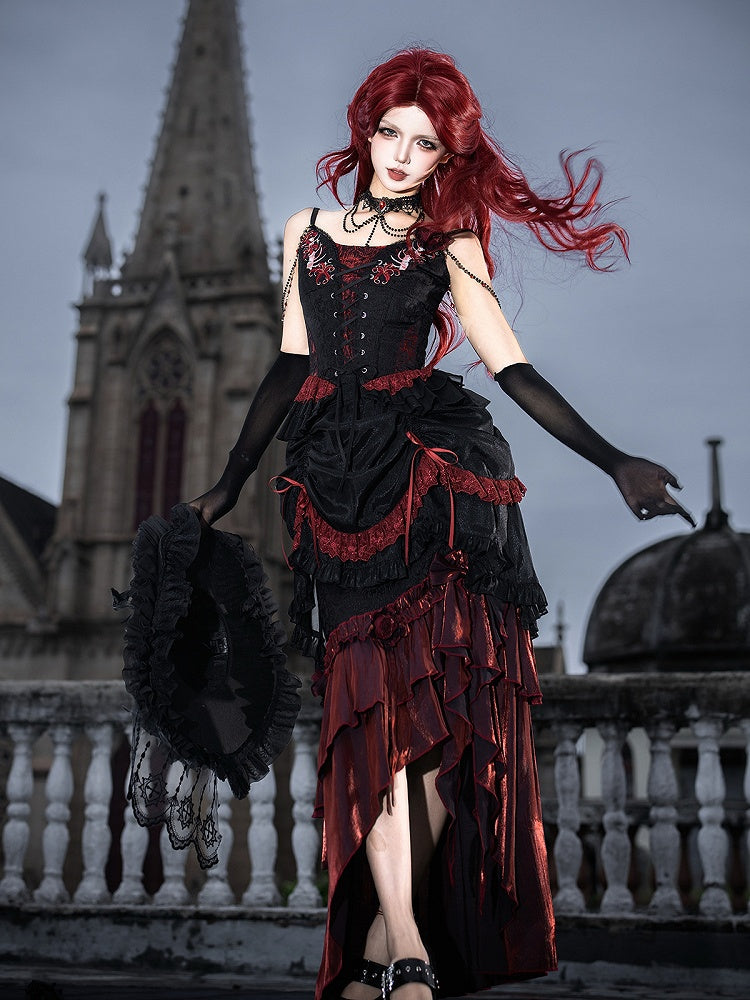 Black Red Gothic Corset Top and Skirt Set with Choker - Xiong Dou Jiang