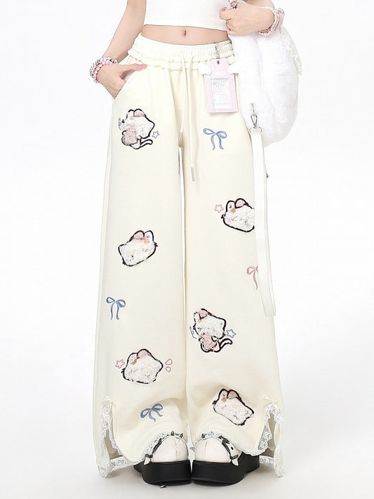 Plush Kitty Embroidery Apricot Straight Leg Pants with Slit & Lace Details - CRAZY GIRL