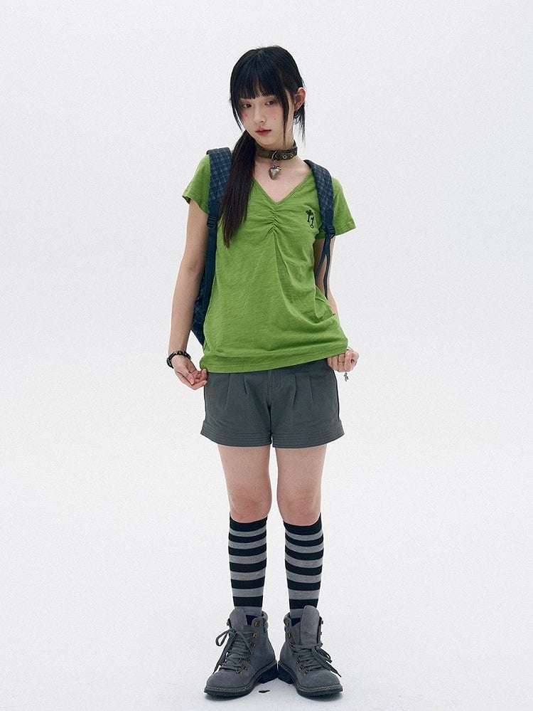 Green Cotton V-Neck Tee with Key Embroidery - innomoood
