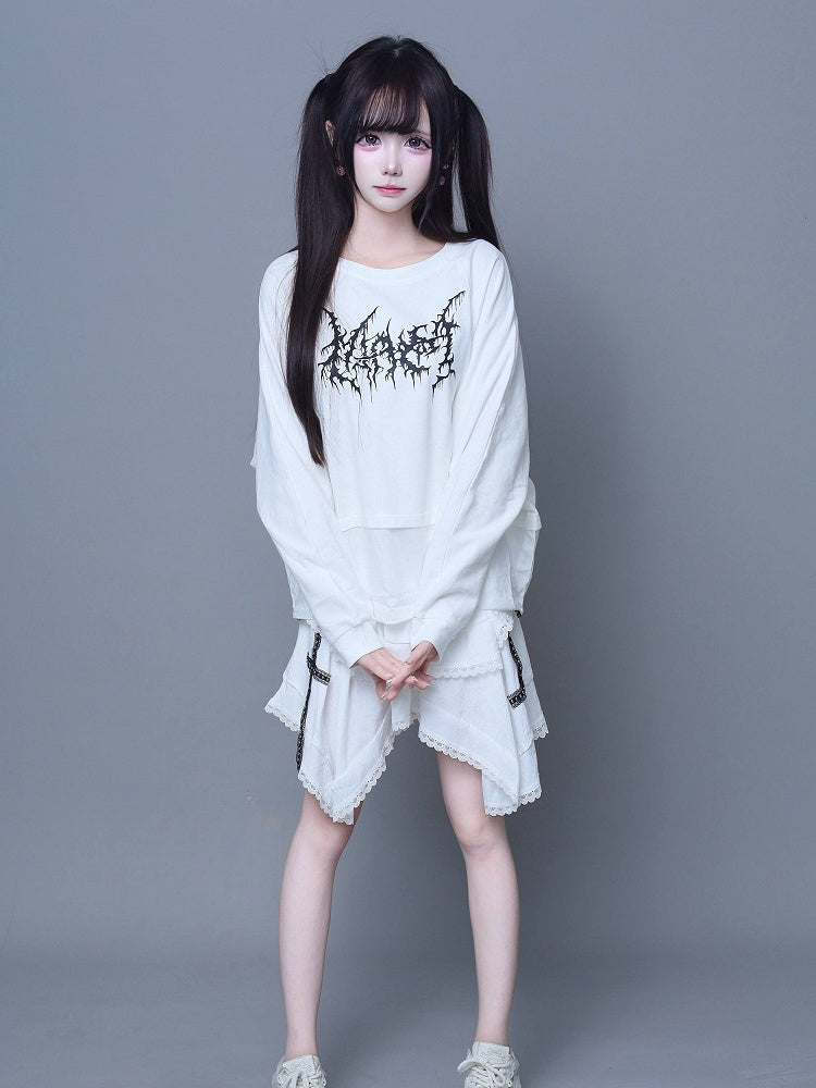 Long-Sleeve Printed Design T-Shirt Jirai Paneled White Kei