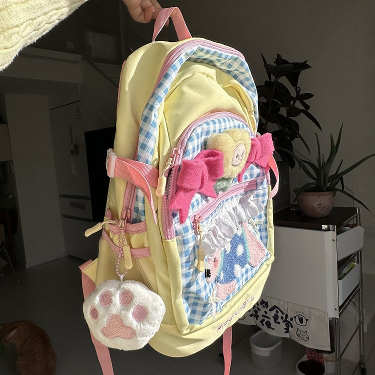 Backpack with Applique Plaid Preppy Puppy Yellow Blue Sporty Plush