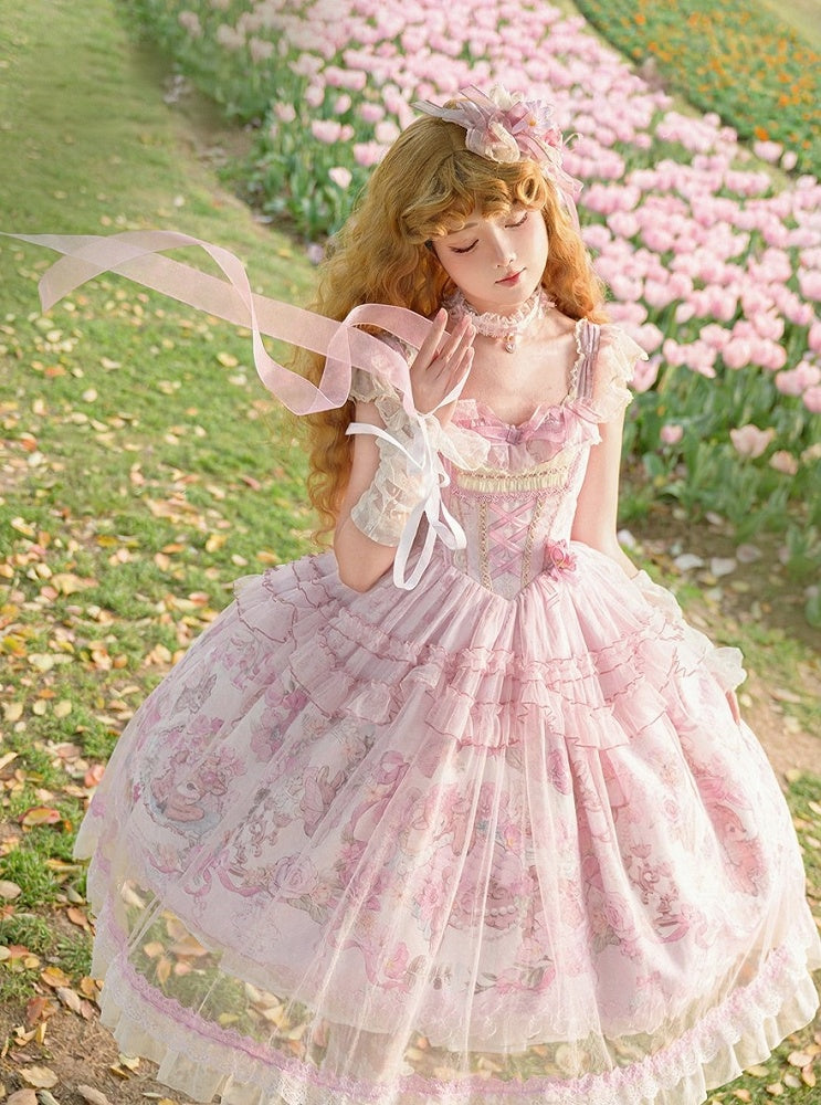 Pink Deer & Floral Print Flutter Sleeves Sweet Lolita JSK Dress with Overlay - Honey Machine
