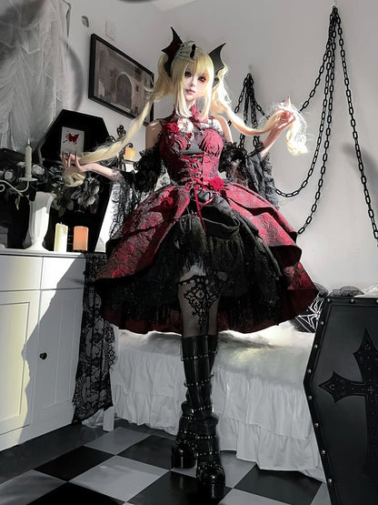 Black and Red Gothic Rosette Fabric High-low Skirt Dress Lolita JSK with Sleeves and Collar