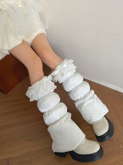 Bowknot Leg Puffer with Warmers Trim Lace White/Pink and White