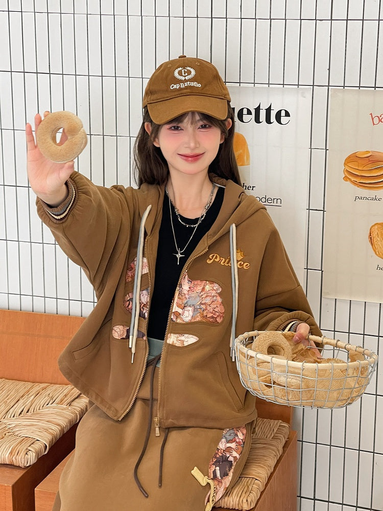 Fashion Long/Short Print Hoodie Brown Millard Vintage Version Prince