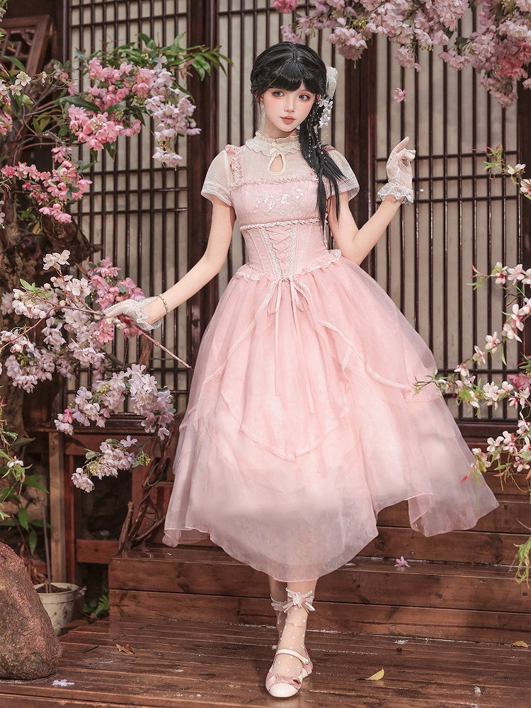 Pink Boned Waist Chinoiserie Lolita OP Dress - With PUJI