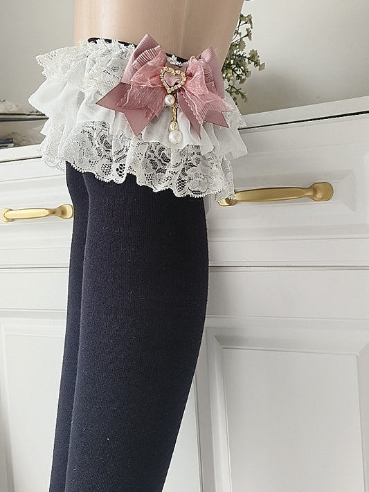 Stockings Lace with Knee Black Decoration Bow Over Pink/Black Kei Jirai Double-Layer