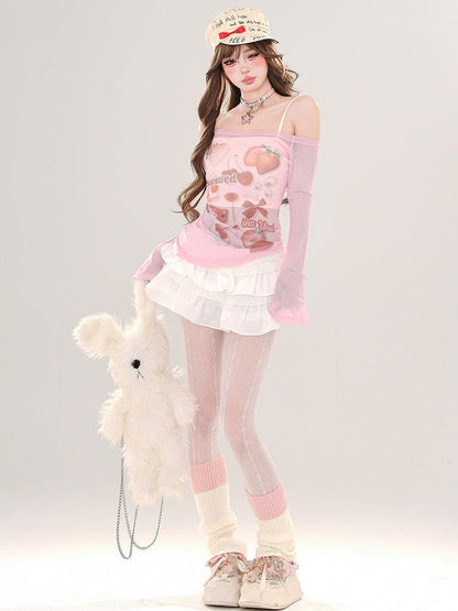 Rosa/Aprikose – Halbtransparentes, schulterfreies Top mit Erdbeer-Print und Camisole-Set