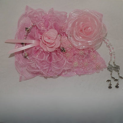 レースの花柄ヘアバンド 装飾トリム ビーズデザイン ピンク