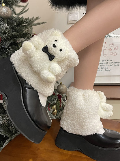 White Sweet Bear Doll Bowknot Plush Leg Warmers