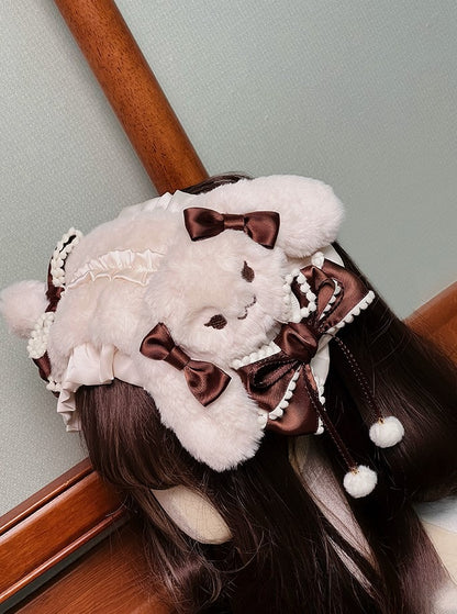 Brown Plush Bunny Sweet Lolita Hairband with Bows & Pom-Poms - Twin Bear Original Design